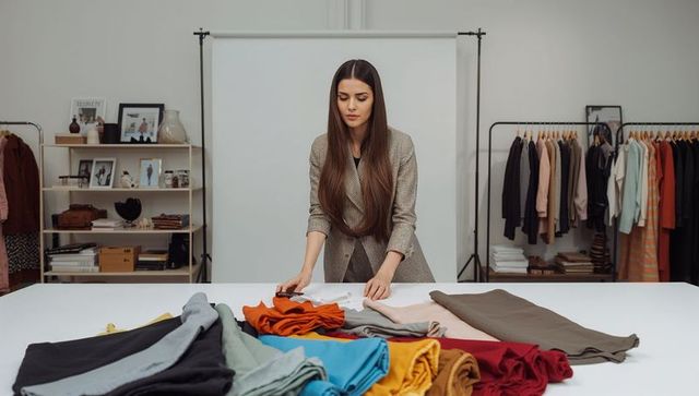 Fashion stylist arranging fabric swatches on studio table for boutique collection styling
