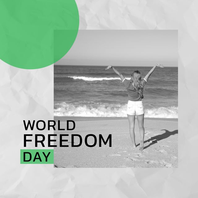 Digital composite image of happy young woman with arms raised at beach with world freedom day text. Copy space, celebration, victory over communism, holiday, freedom.