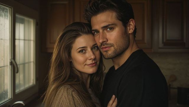 Couple embracing in cozy kitchen with soft window light and rain-speckled glass