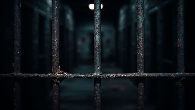 Rusty Prison Bars Framing Dim Corridor, Spooky Ambience