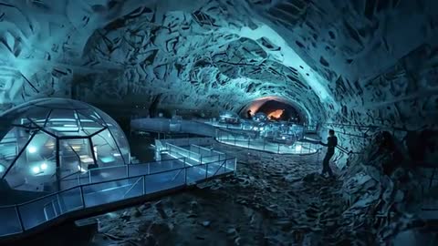 Explorer Navigating Subterranean Cavern Habitat With Geodesic Dome and Illuminated Walkways