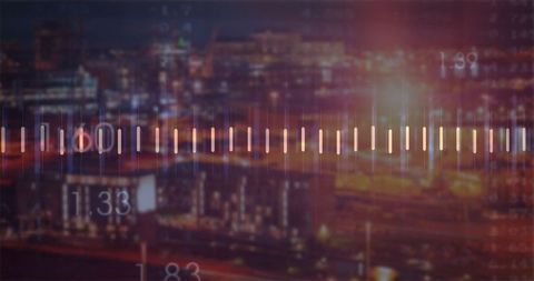 Luminous Waveform Bars Over Cityscape at Night