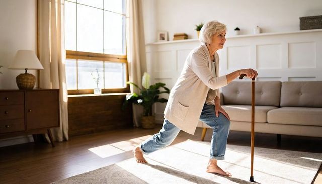 Senior woman performing cane-assisted lunge in sunlit living room for balance and mobility