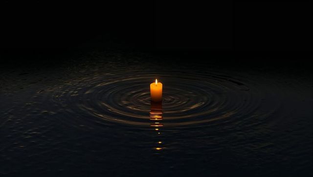Floating lit candle casting golden reflection and ringed ripples on dark water
