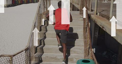 Outdoor Fitness Enthusiast Running Beach Stairs with Dynamic Graphics