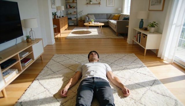 Young man lying on rug gazing upward in sunlit minimalist living room for calm relaxation