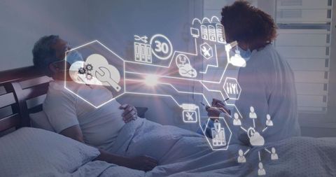 Clinician Using Tablet for Remote Monitoring of Senior in Home Care Telemedicine