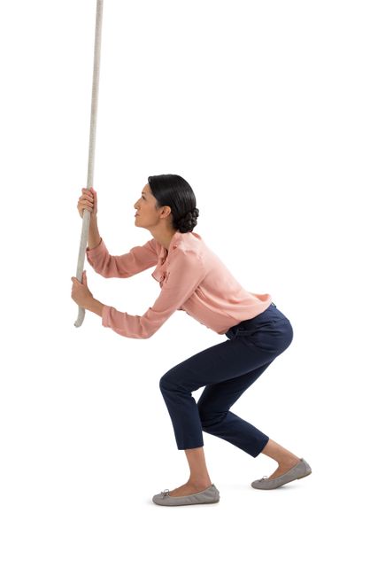 Female executive climbing the rope on white background
