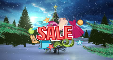 Festive Sale Banner with Christmas Tree and Winter Wonderland