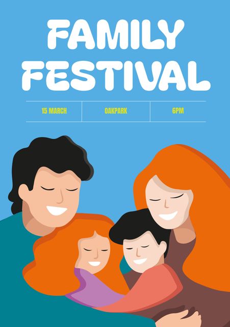 Colorful poster for a family festival featuring a smiling, hugging family. Perfect for promoting community events, family reunions or local festivals celebrating family unity and togetherness.