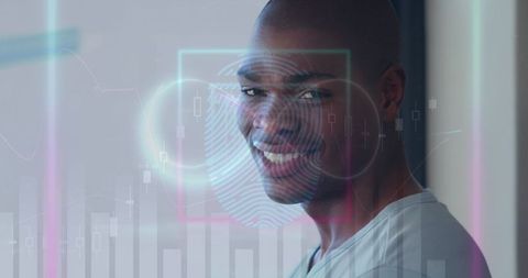 Futuristic Businessman with Biometric and Data Visualization Overlays