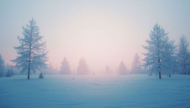 Tranquil snowy landscape with frosted trees in dawn light