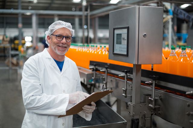 This image depicts a factory engineer in a beverage production plant, smiling while maintaining records on a clipboard. He is wearing safety gear including a hairnet and lab coat, standing next to a production line with bottles of orange drink. This image can be used for articles or advertisements related to manufacturing, quality control, industrial processes, and workplace safety.
