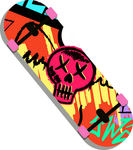Vibrant graffiti skull skateboard deck transparent graphic