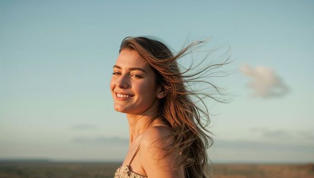 Smiling woman standing on wind-swept plain at golden hour wearing thin-strap top