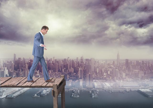 Businessman in formal attire walking carefully on wooden bridge high above cityscape. Symbolizes challenge, risk-taking, success, and determination. Perfect for illustrating business concepts, motivational posters, or content about overcoming obstacles.