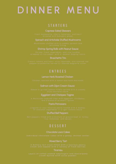 This elegant dinner menu design features a minimalist layout, presenting a sophisticated and classy look suitable for upscale restaurants or special events. Ideal for showcasing gourmet items with style, it offers a polished and modern appearance, enhancing the dining experience for guests. Perfect for use in fine dining establishments, wedding receptions, and corporate events.