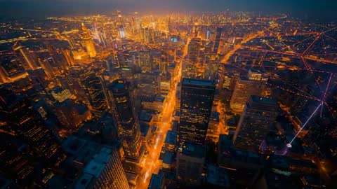 Pulsing Data Nodes Over Urban Avenue at Dusk with Drone Perspective