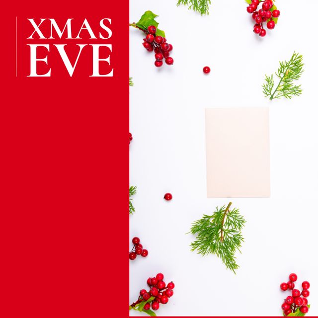 Perfect for creating holiday greeting cards, Christmas invitations, social media posts, and festive marketing materials. Features vibrant red berries and green pine leaves on a clean white background, setting a festive and cheerful mood.