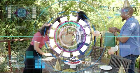 Backyard birthday celebrating, arranging cupcakes and exchanging gifts with ar overlay