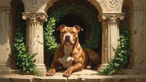 Majestic brown pitbull dog in ancient stone archway with ivy and wreath