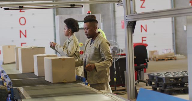 Diverse male and female workers with boxes on conveyor belt in warehouse. global business, shipping and delivery.