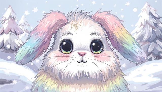Pastel bunny gazing in snowy forest clearing with rainbow ears and sparkling fur
