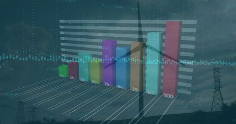 Digital Data Overlay on Wind Turbine and Power Lines Background