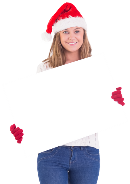 Festive Blonde Woman Holding Transparent Poster in Santa Hat - Download Free Stock Videos Pikwizard.com