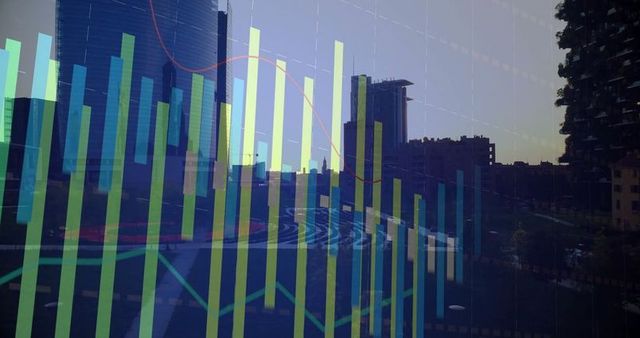 Urban Skyline Overlaid with Financial Data Visualization in Twilight