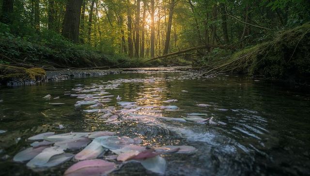 Petals drifting on sunlit forest stream at golden hour with mossy banks and fallen log