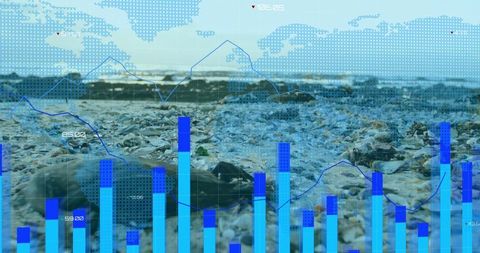 Analytics Visualization Overlay on Shell-Strewn Beach with World Map