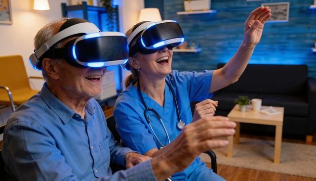 Senior enjoying vr therapy with nurse using virtual reality for elder wellness and rehab