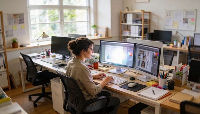 Young woman working at dual monitors in sunlit shared office, designing and analyzing data