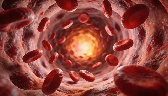 Red blood cells flowing through microvessel lumen with glowing tubular depth and platelets