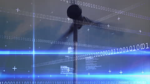 Wind Turbine with Digital Data Overlay Symbolizing Clean Energy Technology