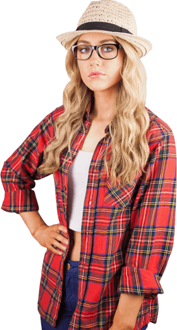 Serious Caucasian Woman in Hat and Glasses on Transparent Background