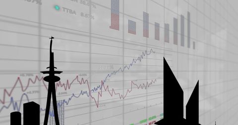 City Skyline Overlaid on Financial Growth Charts