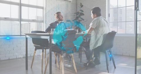 Business leaders collaborating around modern meeting table with holographic global network