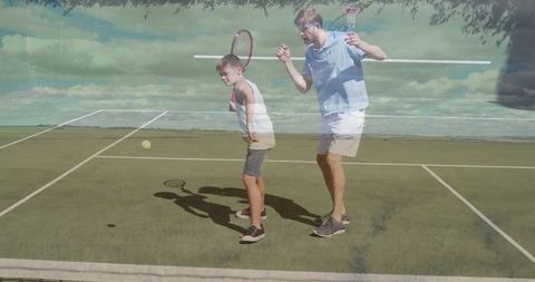 Father and son tennis practice with overlapping artistic effect