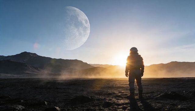 Astronaut standing on barren plain at sunset with giant moon and backlit silhouette