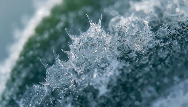 Crown-shaped ice crystals forming on green leaf at dawn, macro frost and rime detail