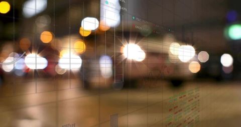 Urban night bokeh blending car lights with market data overlay and neon grid reflections