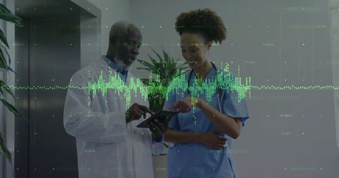 medical professionals collaborate in hospital corridor with digital data display - Download Free Stock Images Pikwizard.com