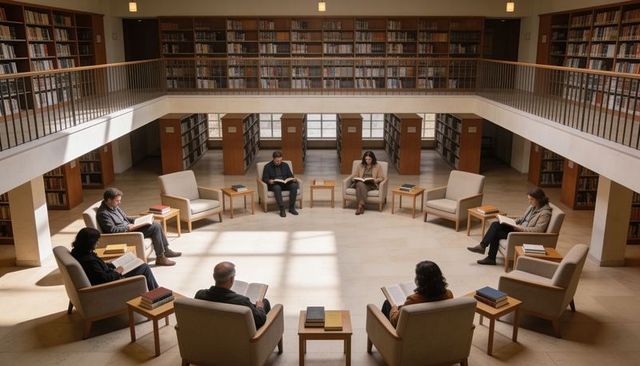 Circular Study Group Reading in Sunlit Two-Level Library Mezzanine, Casual Literature Circle
