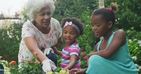 Senior African American Woman Garden Work with Granddaughters - Download Free Stock Images Pikwizard.com