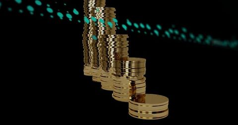 Receding stacks of gold coins on glossy black with teal bokeh for finance