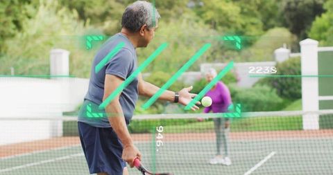 Senior Man Tennis Serve Tracking With Digital HUD