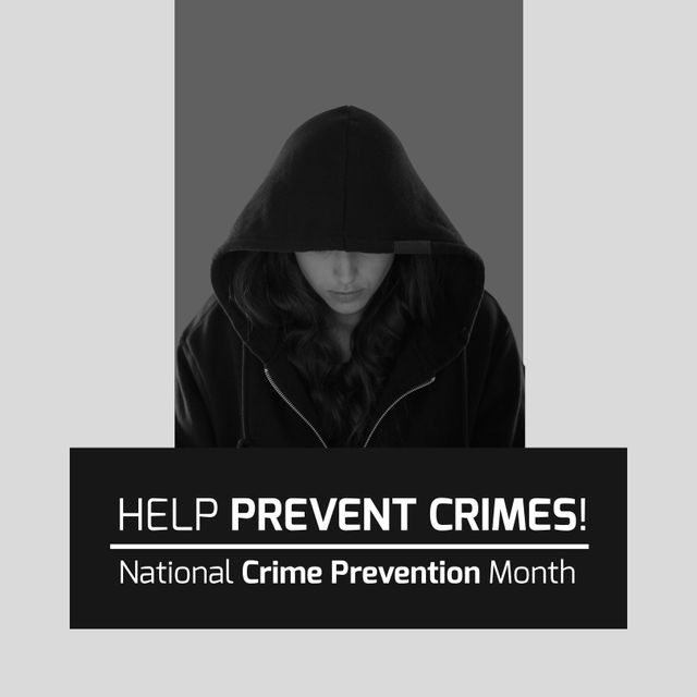 Caucasian woman wearing black hood and help prevent crimes, national crime prevention month text. Composite, copy space, assistance, protection, awareness and alertness concept.