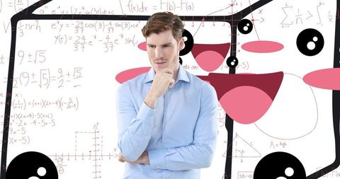 Businessman Deep in Thought with Mathematical Formula Patterns